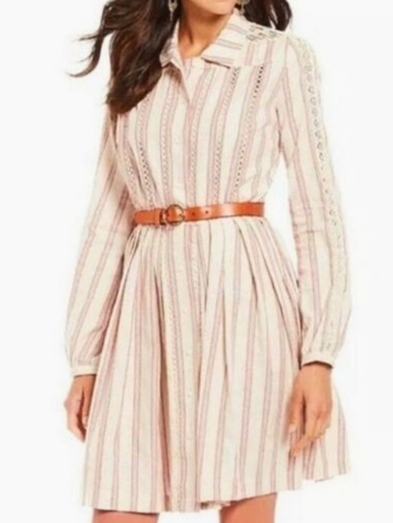 A Loves A Dresses & Skirts - a Loves a Pleated Dress Cream Red Crochet Detail Long Sleeve Cotton -No Belt- L